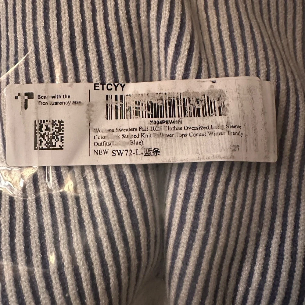 Striped Navy and White Crewneck Sweater by ETCYY oversized long sleeve new - Picture 3 of 7